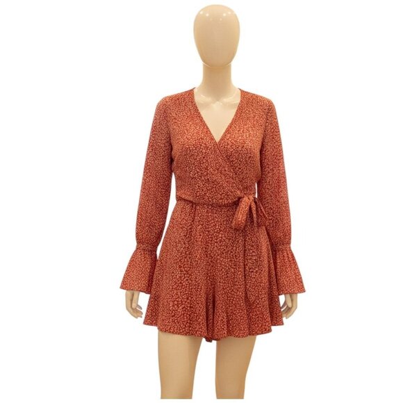 H&M Red Floral Long Sleeve Wrap Romper Womens Size 14 Boho Ruffle Hem - Picture 3 of 5